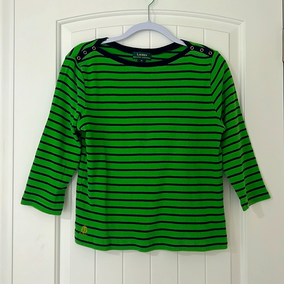 Lauren, Ralph Lauren, 3/4 sleeve, green & navy striped, boat, neck, medium - Picture 1 of 8